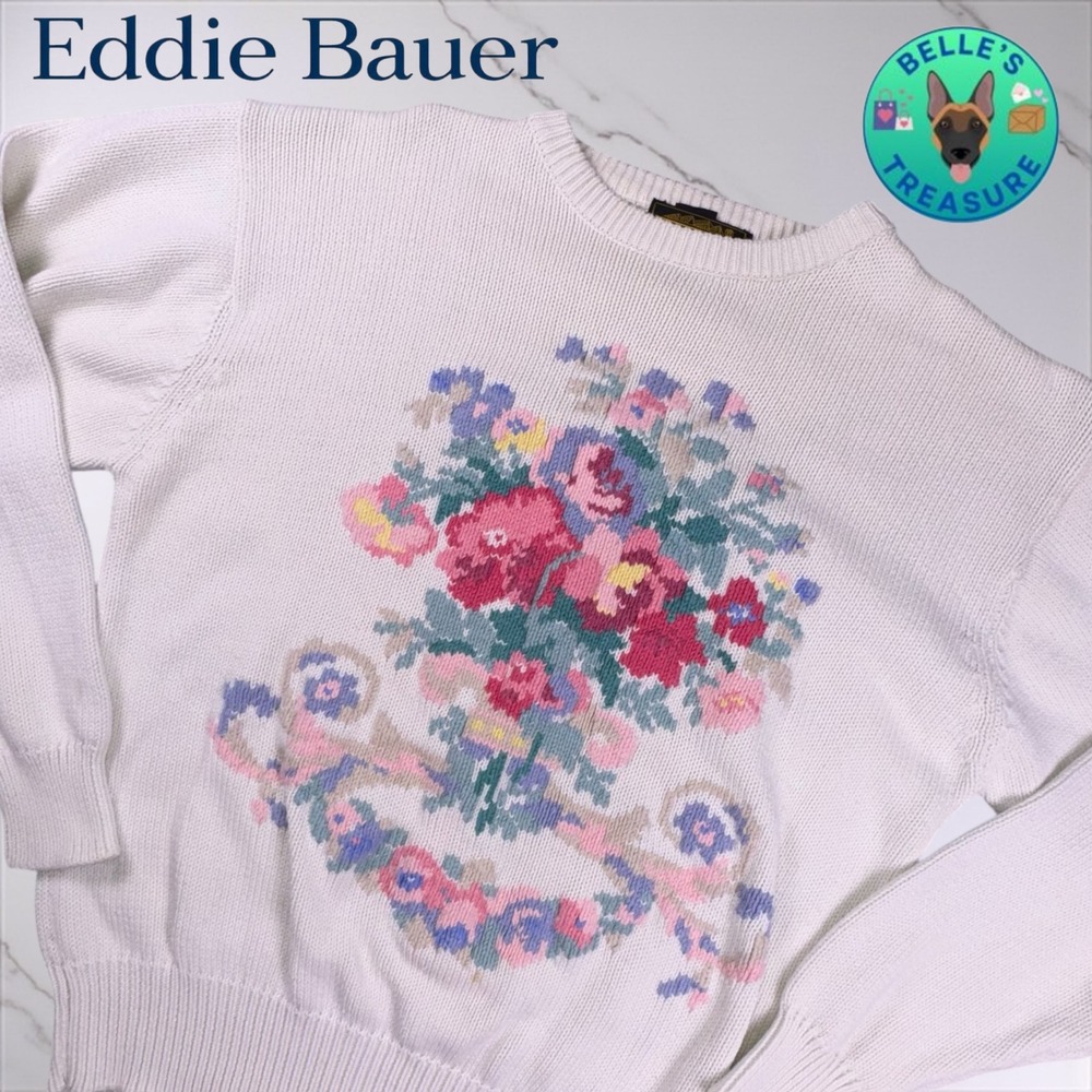 Eddie Bauer Vintage Floral Chunky Knit Sweater Cream  Women's Medium Grandmacore